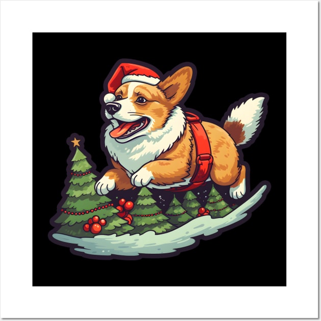 Happy Corgi Christmas pine forest Wall Art by beangeerie